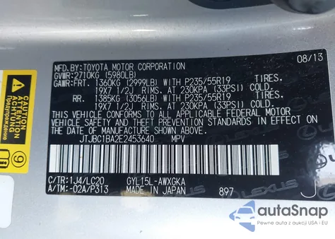 2014 Lexus Rx 450H z USA, uszkodzony, nr VIN JTJBC1BA2E2453640